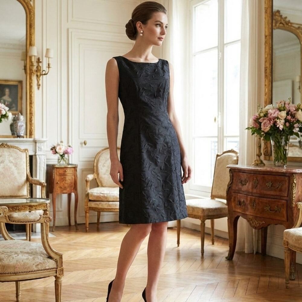 BARBARA TFANK sleeveless Sheath Dress Black Floral Embroidered Size 8